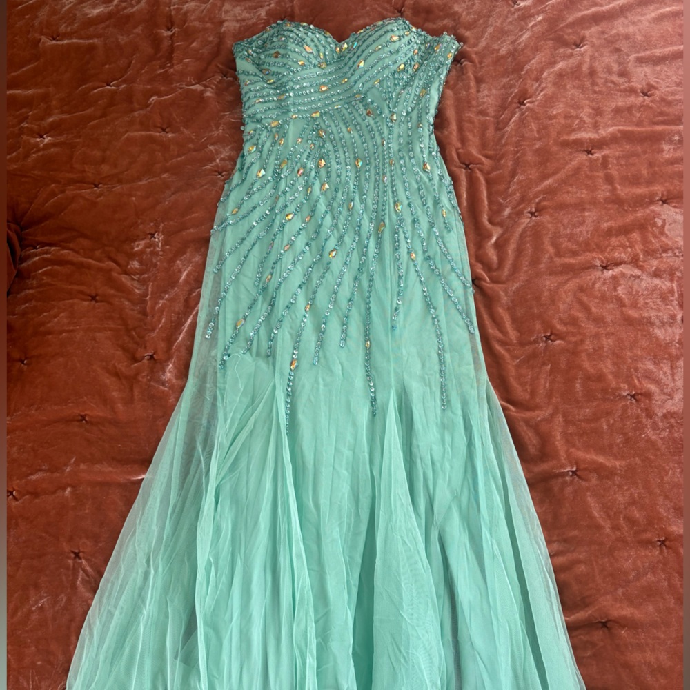 Strapless Teal Prom Dress with Beaded Details